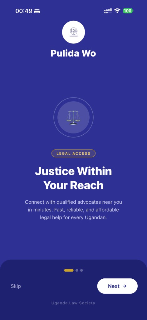 Pulida Wo app onboarding screen showing Justice Within Your Reach