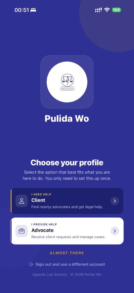 Pulida Wo app screen for choosing client or advocate profile